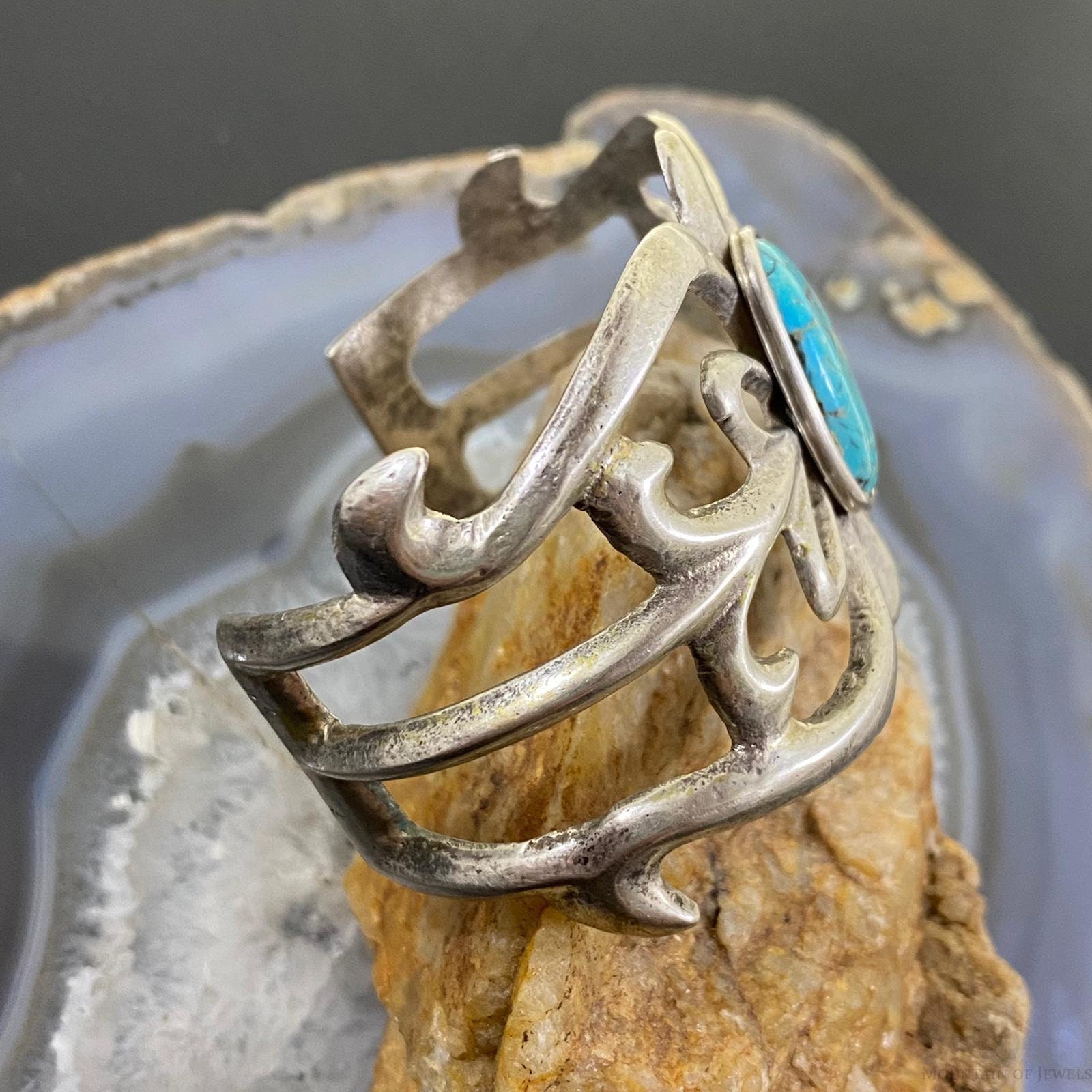 Vintage Silver Turquoise Sandcast Bracelet for Women, Native