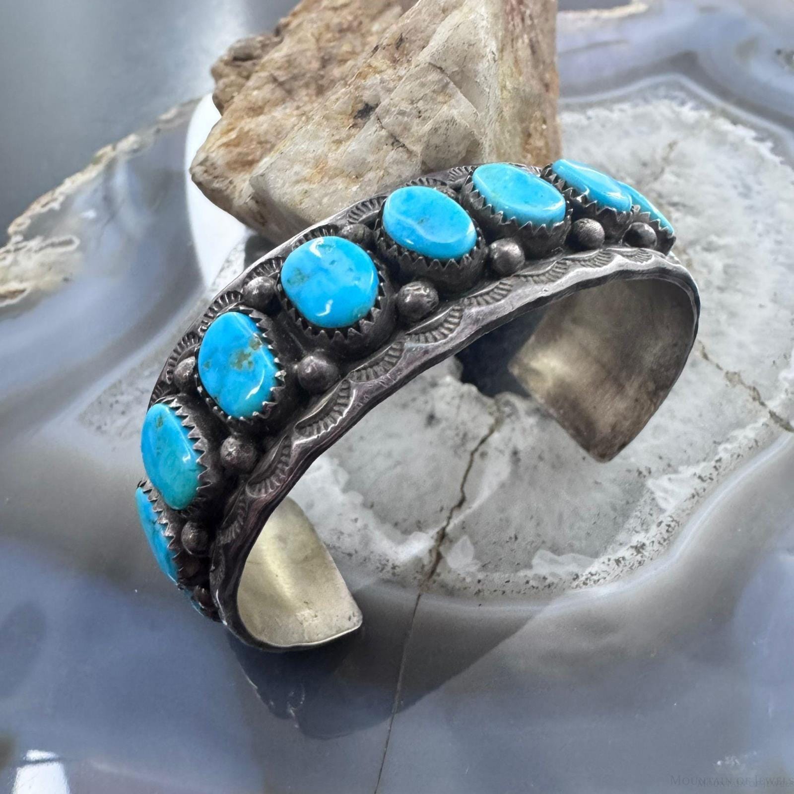 Tim Yazzie Vintage Sterling Silver Turquoise Row Bracelet for