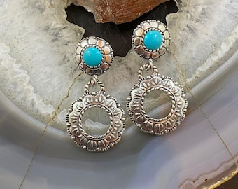 Carolyn Pollack Sterling Silver Round Turquoise Double Flower Dangle Earrings For Women