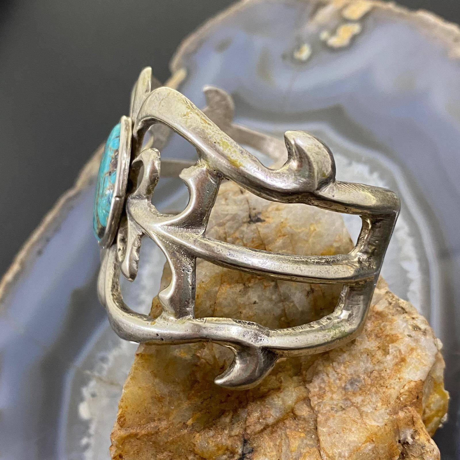 Vintage Silver Turquoise Sandcast Bracelet for Women, Native