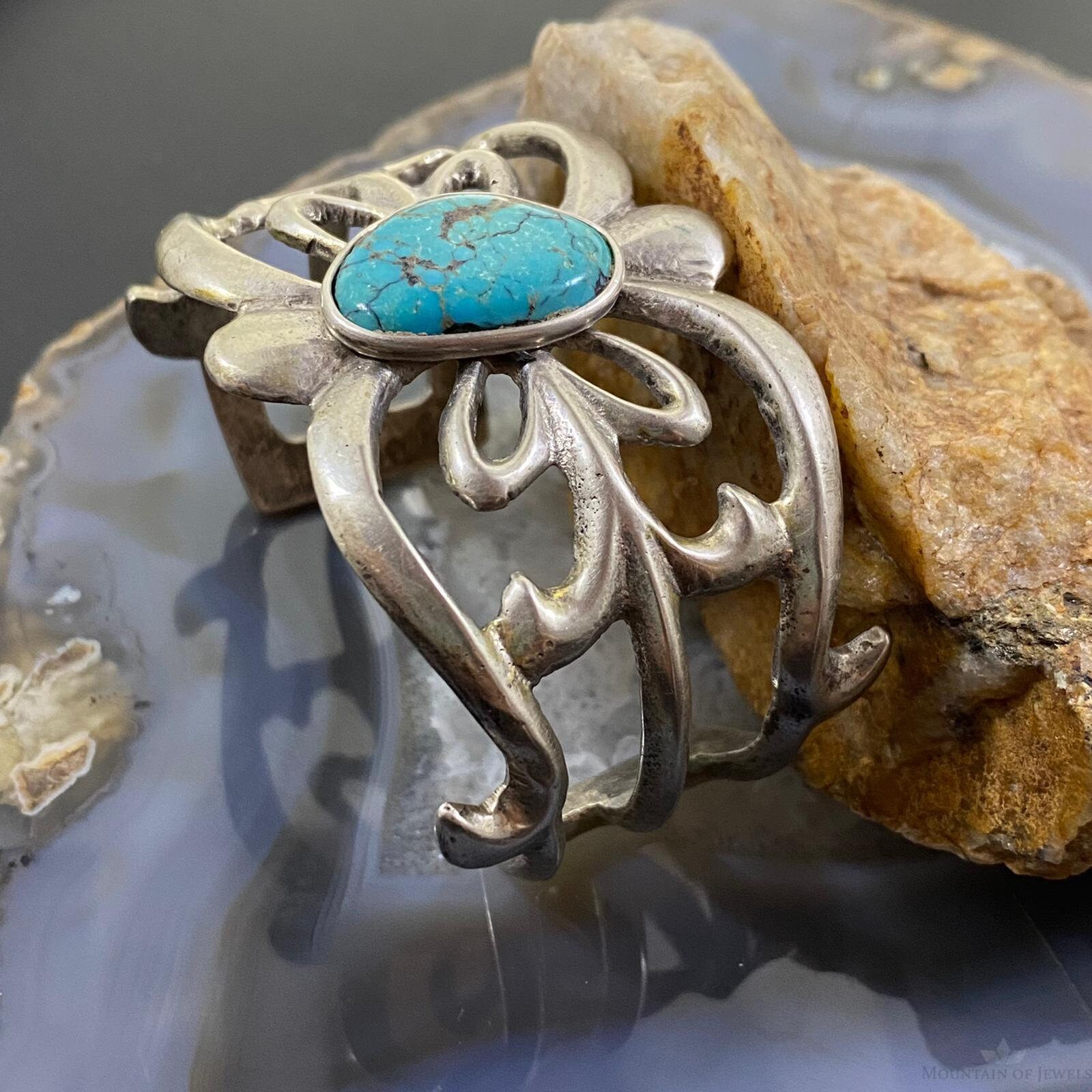 Vintage Silver Turquoise Sandcast Bracelet for Women, Native Vintage Silver Turquoise Sandcast Bracelet for Women, Native