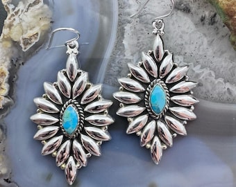 Sterling Silver Southwestern Style Marquis Turquoise Cluster Dangle Earrings For Women