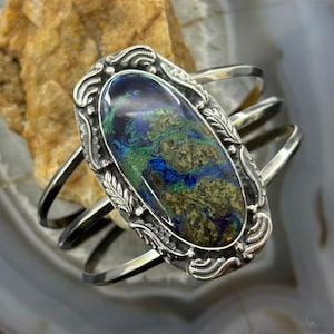 Pulsera de plata de ley estilo suroeste con azurita y malaquita ovalada grande para mujer