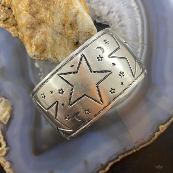 Andy Cadman Vintage Sterling Silver Stars & Moons Stamped Bracelet For Women, Native American Indian Jewelry, Gift For Her