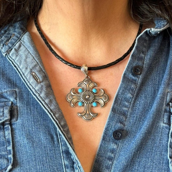 Sterling Silver Cabochon Turquoise Cross 16-18 Sterling Silver Cabochon Turquoise Cross 16-18