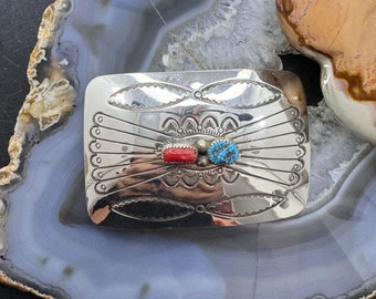 Sterling Silver Turquoise & Coral Stamped Unisex Belt Buckle #1, Native American Indian Jewelry, Gift For Him, Gift For Her