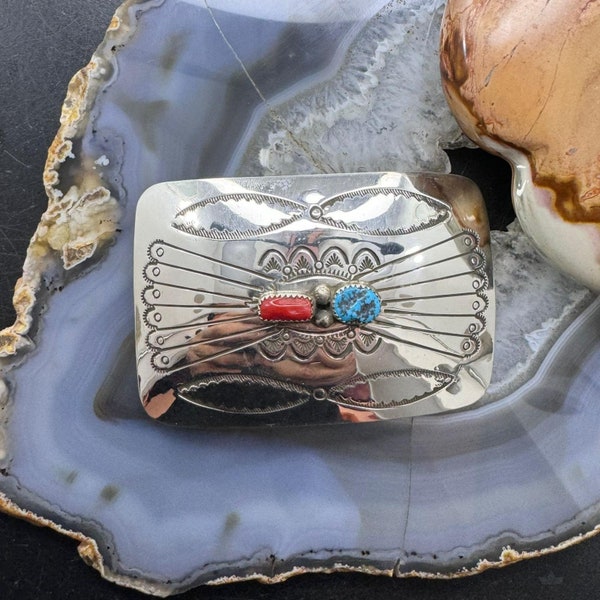 Sterling Silver Turquoise & Coral Stamped Unisex Belt Buckle #1, Native American Indian Jewelry, Gift For Him, Gift For Her