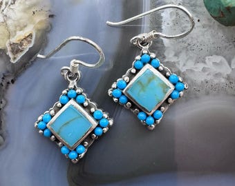 Sterling Silver Southwestern Style Turquoise Tiny Dangle Earrings For Women