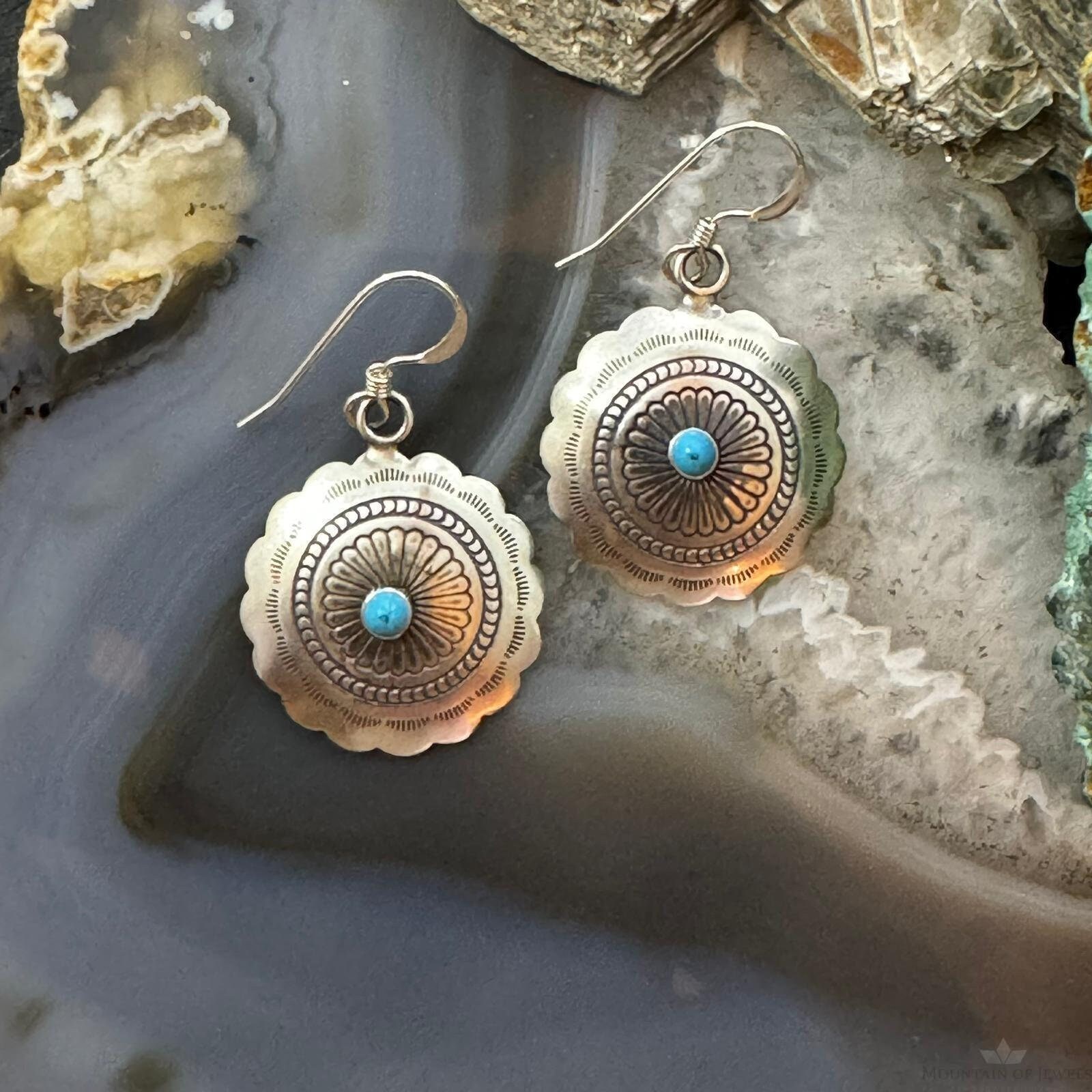 Native American Sterling Silver Turquoise Dot Flower Concho Dangle