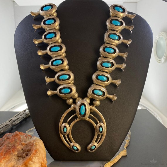 Vintage Signed  Sterling Silver Shadow Box Turquoise Squash Blossom For Women, Native American Indian Jewelry, Gift For Her