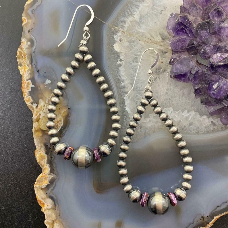 Sterling Silver Navajo Pearl with Purple Spiny Oyster Beads Dangle Earrings For Women, Gift For shops Her
