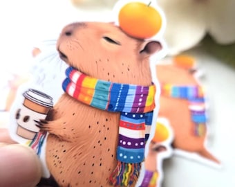 Squinty capybara with coffee and orange or seagull  Vinyl Decal Sticker, Waterproof Outdoor Use for Computer, Bottle, and more