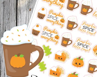 May include: A sheet of stickers featuring a variety of fall-themed designs, including pumpkin spice lattes, donuts, and pies. The stickers are all in a cartoon style and feature cute faces. The text on the stickers reads "Pumpkin Spice Everything" and "Pumpkin Spice Latte Time!"