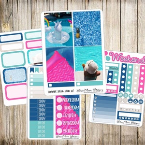 May include: A set of planner stickers with a summer pool theme. The stickers feature a unicorn pool float, a pineapple, a pink inflatable raft, a person in a hat, and a blue and teal tiled pool. The stickers also include a weekly planner section with days of the week, a to-do list, and a weekend section with a paid star and other icons.