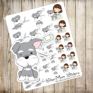 May include: A sheet of stickers featuring a gray schnauzer dog with different expressions and a girl with brown hair brushing the dog. The stickers are on a white background with the text "Silver Moon Stickers" and "SilverMoonStickers.ETSY.com".