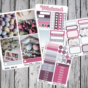 May include: A set of pastel pink and gray planner stickers with a weekend theme. The stickers feature images of eggs, flowers, and birds. The text on the stickers includes "Weekend", "Bill Due", "Paid", "Little Things", "To Do", and "Today".