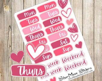 Planner, journal, boho  stickers days of the week for 2 weeks- Pinks and red