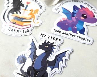 Dragon bookish reading fantasy Vinyl Sticker: Waterproof Decal for Laptop, Water Bottle- Easy peel
