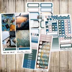 May include: A set of travel-themed planner stickers with images of a globe, airplane, camera, and luggage. The stickers include a variety of designs, including "Today", "To Do", "Weekend", and "Little Things".