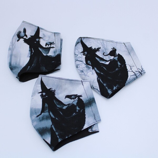 Witch face mask, goth face mask, Wicca face mask, black cat face mask, crow face mask