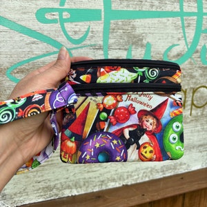 Cartera con dos cremalleras, cartera con doble cremallera, cartera de Halloween, cartera de truco o trato, cartera de caramelos, tarjetero de gato negro, bolsa de monedas ouija