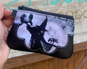 Witch coin purse, witch mini wallet, witch keychain wallet, witch card holder, Halloween mini wallet, Wicca mini wallet, Raven wallet