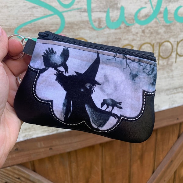 Witch coin purse, witch mini wallet, witch keychain wallet, witch card holder, Halloween mini wallet, Wicca mini wallet, Raven wallet