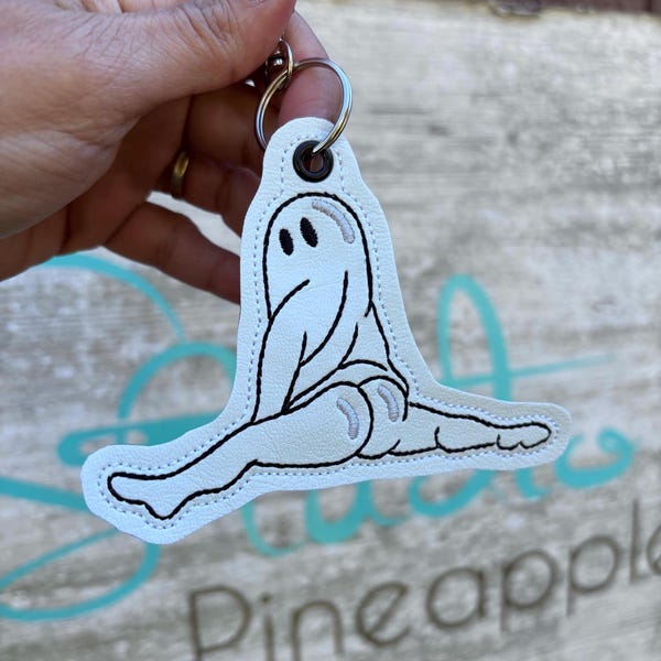 Dancing Ghost Keychain: Embroidered Faux Leather Halloween Charm