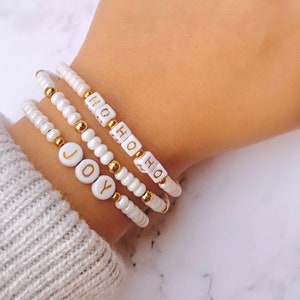 White Silver Gold Beaded Bracelet | Personalized Name Initial Word Bracelet | Dainty Stackable | Modern Chic Bracelet | Kids Name, Dog Name