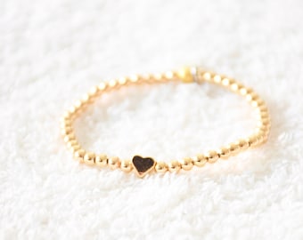 Gold Beaded Bracelet with Gold Heart |  Personalized Gift | Custom Mom & Kids Bracelets I Stretchy Bracelet