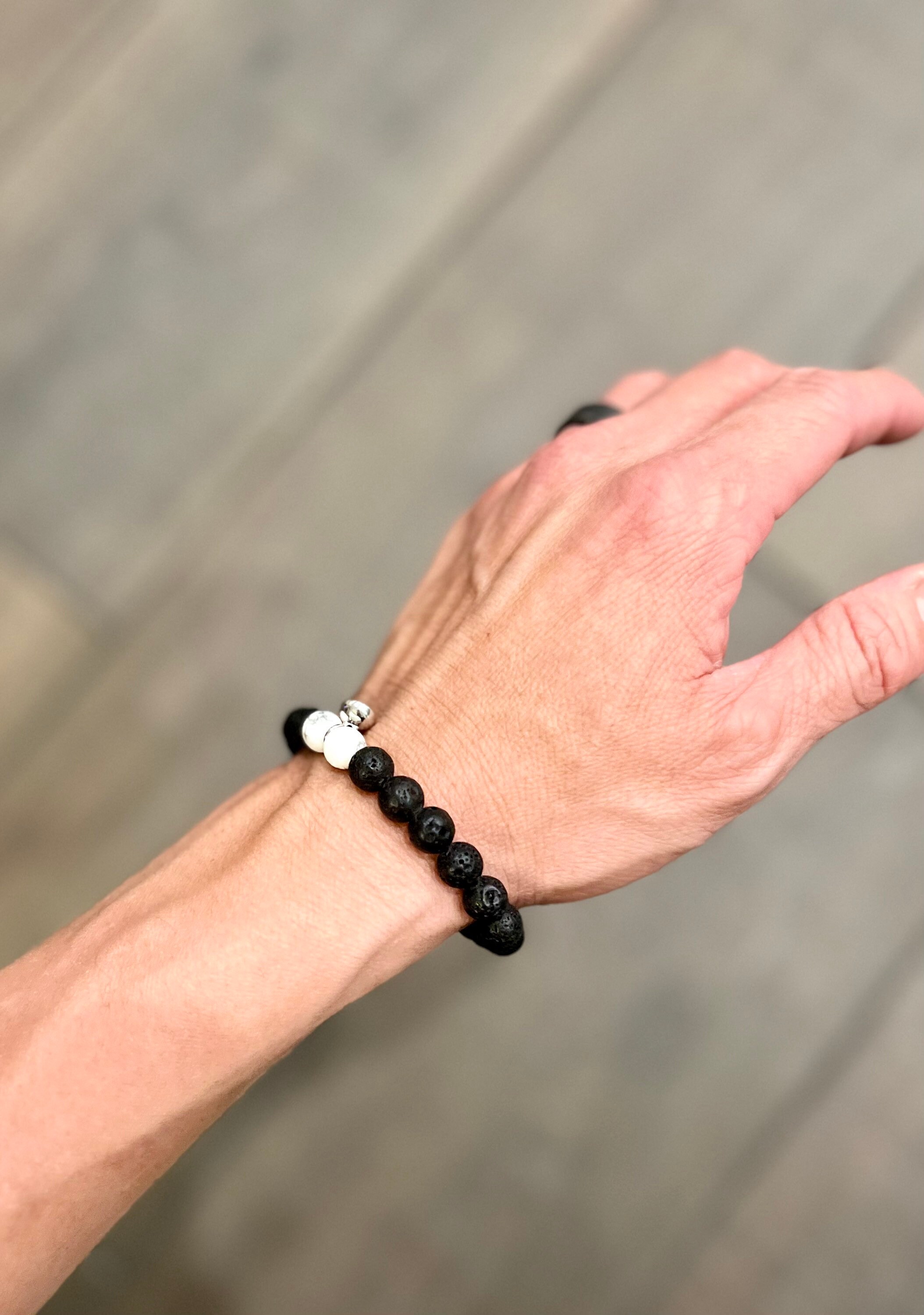 2PC Black & White Lava Howlite Stone Bead Bracelets – Natural 8mm Healing Mens