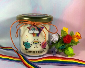 Pride Vasetto con candela in cera di soia oli essenziali lgbt coppie gay uguali diritti unioni civili omosessuali arcobaleno
