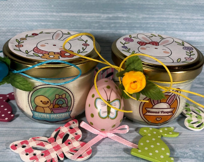 Happy Easter 2 jars with candles with assorted scents of soy wax and essential oils with wooden wick