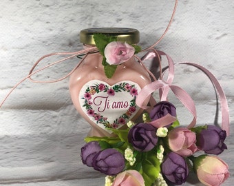 Vasetto a forma di cuore con candela con scritta Ti Amo San Valentino Anniversario Fidanzamento Proposta di Matrimonio Regalo Ti voglio bene