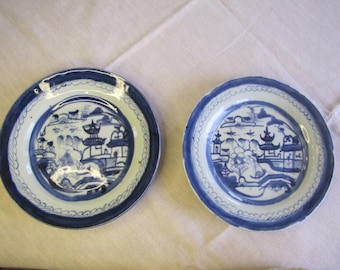 Chinese Canton Export Blue on White Willow Village Scene Plates Soup Bowls 8 3/4"