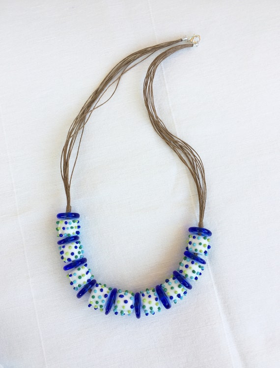 accessories lampwork necklace blue green necklace silver chain modern design handmade contemporary glass bead necklace jewelry