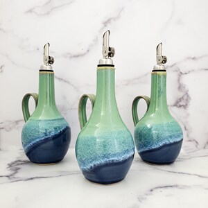 Handmade Ceramic Olive Oil Cruet, EVOO Dispenser, Handled Bottle, Denim and Seafoam Glaze image 6