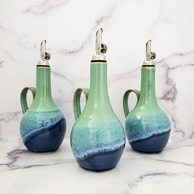 Handmade Ceramic Olive Oil Cruet, EVOO Dispenser, Handled Bottle, Denim and Seafoam Glaze image 6