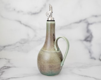 Wheel thrown ceramic olive oil cruet, Olive Oil Bottle, Vinegar Bottle, EVOO Dispenser, Liquid Pottery Vessel,  Handled Bottle, Chameleon