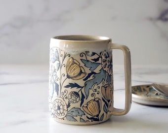 Coffee Cup, Coffee Mug, Handmade Ceramic Mug, Handled Mug, Hazelnut Brown Clay, Decoratively Glazed Flower Mug