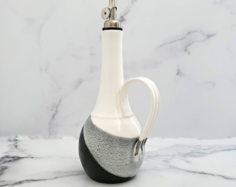 Wheel thrown ceramic olive oil cruet, Olive Oil Bottle, Vinegar Bottle, EVOO Dispenser,  Handled Pouring Vessel, White/Black