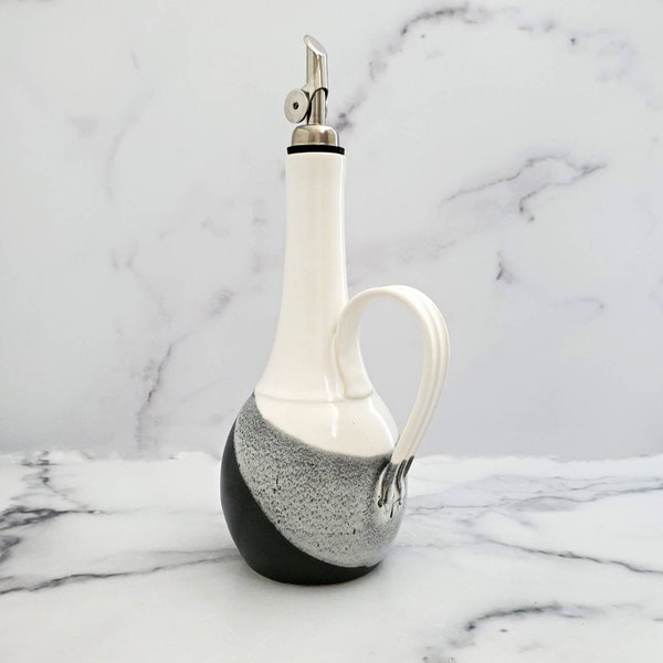 Wheel thrown ceramic olive oil cruet, Olive Oil Bottle, Vinegar Bottle, EVOO Dispenser,  Handled Pouring Vessel, White/Black