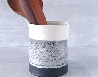Handmade ceramic utensil holder, Straight walled utensil crock, Kitchen Pottery vessel, Planter, Wine Chiller, White Clay, Black/White Pot