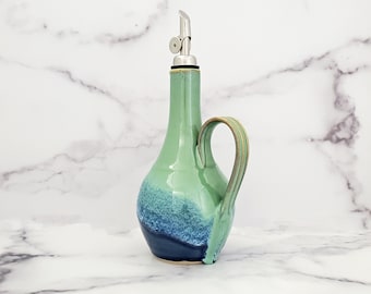 Handmade Ceramic Olive Oil Cruet, Wheel Thrown Bottle, Vinegar Bottle, EVOO Dispenser, Pottery, Glossy Denim with Seafoam Glaze