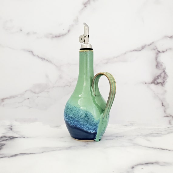 Handmade Ceramic Olive Oil Cruet, EVOO Dispenser, Handled Bottle, Denim and Seafoam Glaze