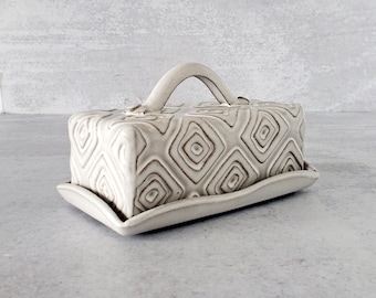 Handmade Ceramic Butter dish with Lid, 2 piece Butter Dish, Covered Dish for butter, Countertop Lidded Dish, White Textured