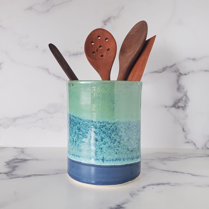 Handmade ceramic utensil holder, utensil crock, Kitchen utensil holder, Pottery vessel, Planter, vase, Wine Chiller, Seafoam and denim