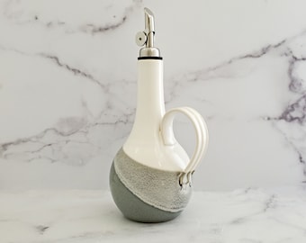 Wheel thrown ceramic olive oil cruet, Olive Oil Bottle, Vinegar Bottle, EVOO Dispenser,  Handled Pouring Vessel, White/Gray