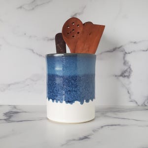 Handmade Ceramic Utensil Holder, Blue and White Pottery Vessel
