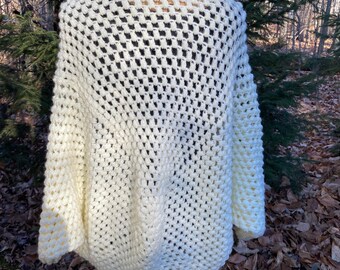 Women’s Puff Stitch Cochet Cardigan | Women’s Handmade Sweater | Cream Colored Women’s Open Front Cardigan